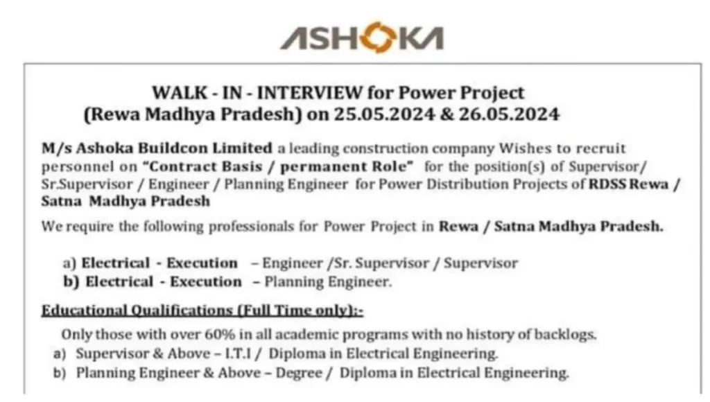 Ashoka Buildcon Ltd Walk In Interview May 2024