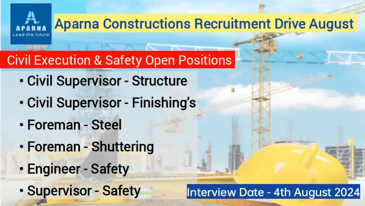 Walk In Interview For Civil Supervisor & Safety Engineer at Aparna Constructions