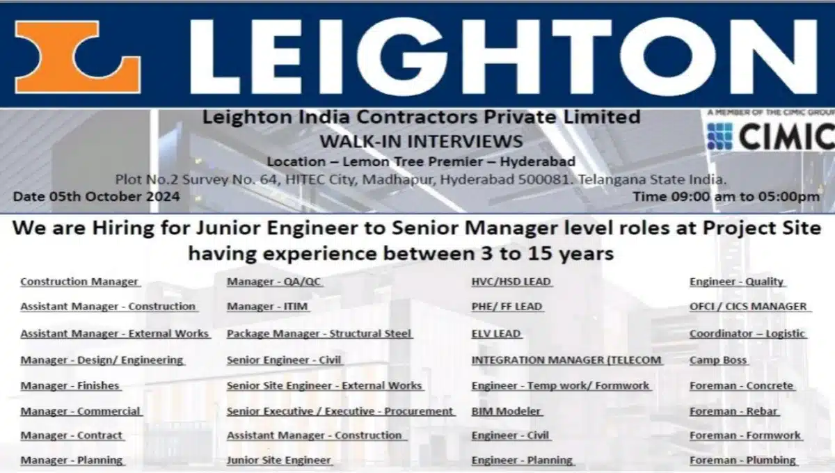 Leighton India Constructors Pvt Ltd Job Opportunity 2024