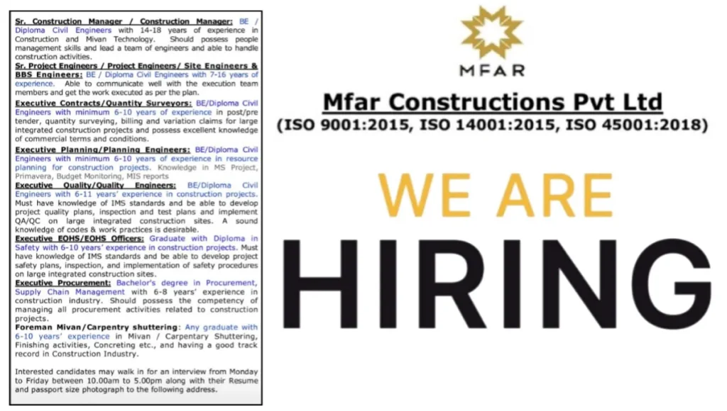 Mfar Constructions Pvt Ltd Urgent Hiring